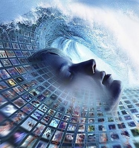 Information overload. Conceptual image of a large human face with brainwaves (red) and an array of television images breaking over it in a wave. This image may represent the concept of information overload, where too much information is provided and it becomes difficult to select what is needed.