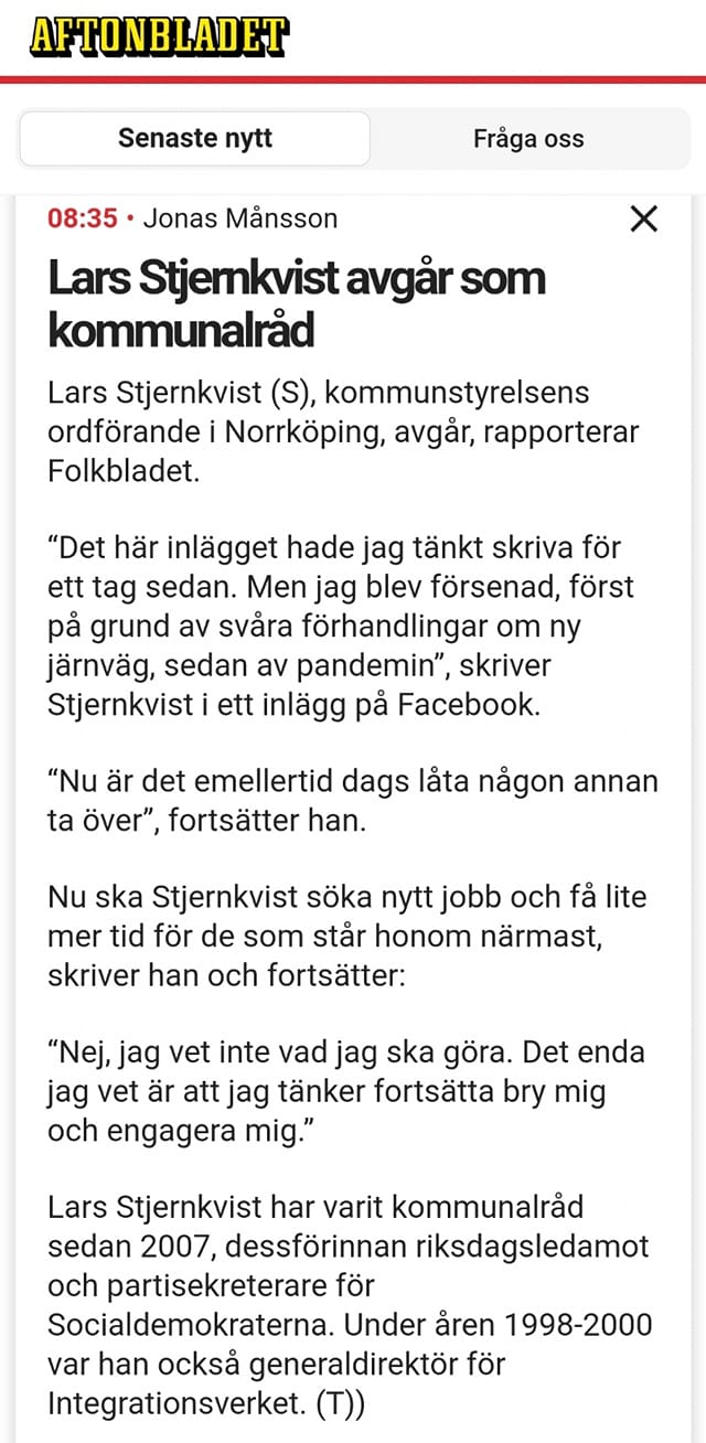 Stjernkvist Avgår