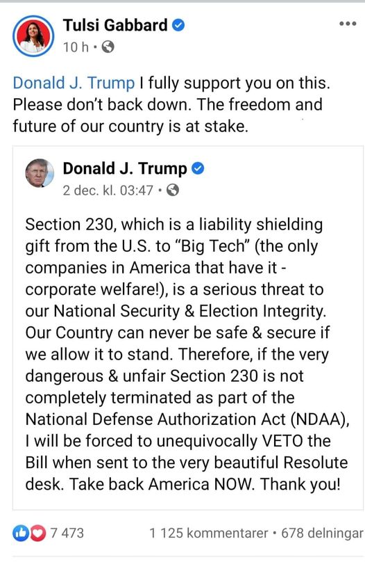 Tulsi Stöder Trump Angående Sektion 230