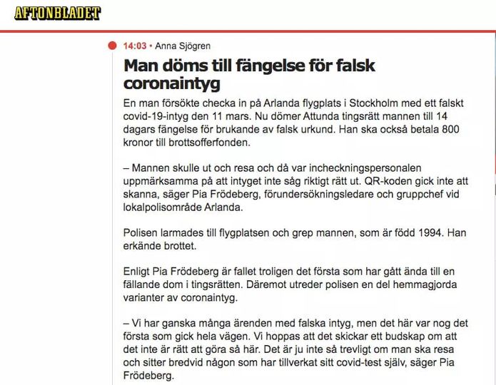 Fängelse För Falskt Coronaintyg