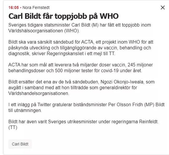 Toppjobb Hos WHO För Bildt