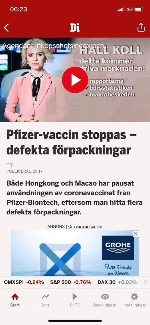 Förpackningsdefekt Stoppar Pfeizer-Vaccin
