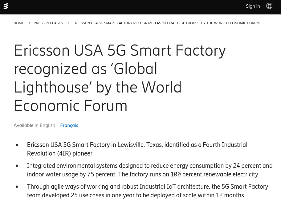 WEF Utropar Ericsson-Fabrik Som Pionjär