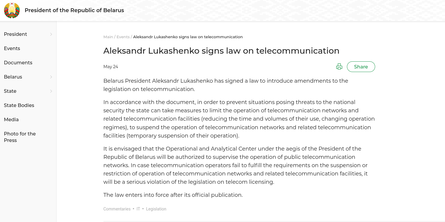 Lukashenko Reglerar Telekommunikationen