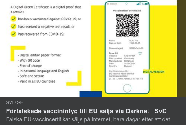 Förfalskade Vaccinintyg Till Salu