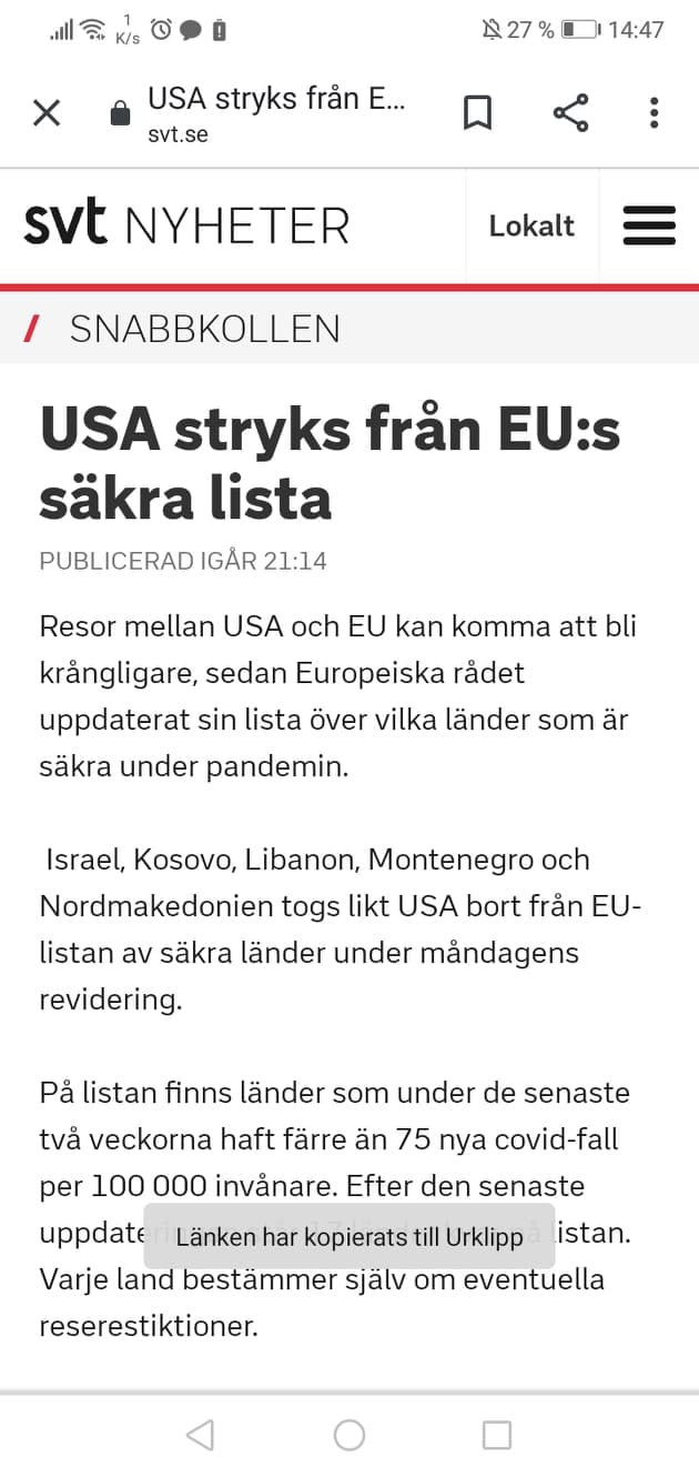 USA Stryks Från EU:s Covidsäkerhetslista