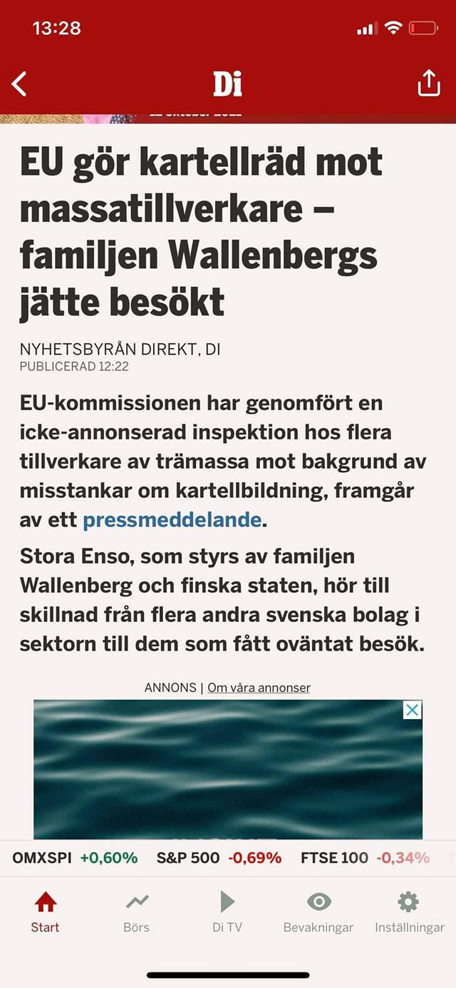 EU Gör Kartellräd Mot Wallenbergs Stora Enso