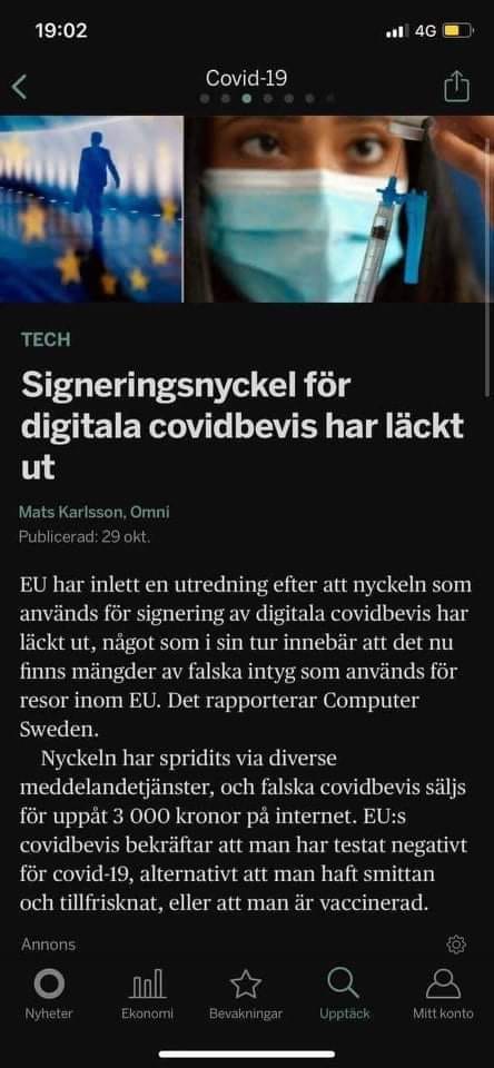 Läckt Covidbevissigneringsnyckel