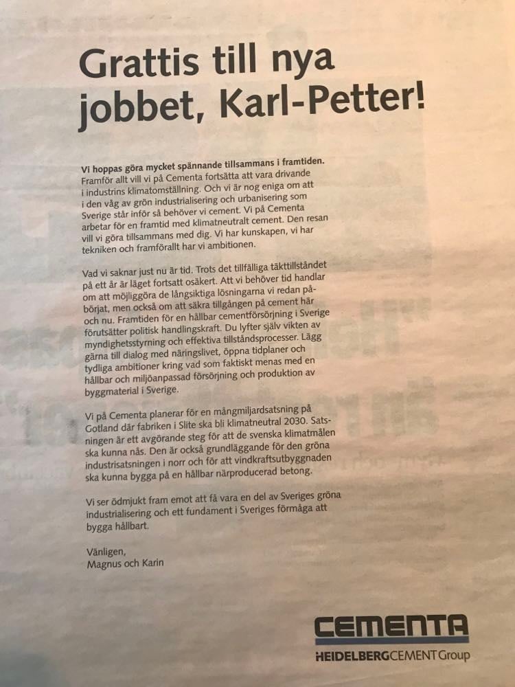 Cementa Gratulerar Karl-Petter & Ber Ödmjukt
