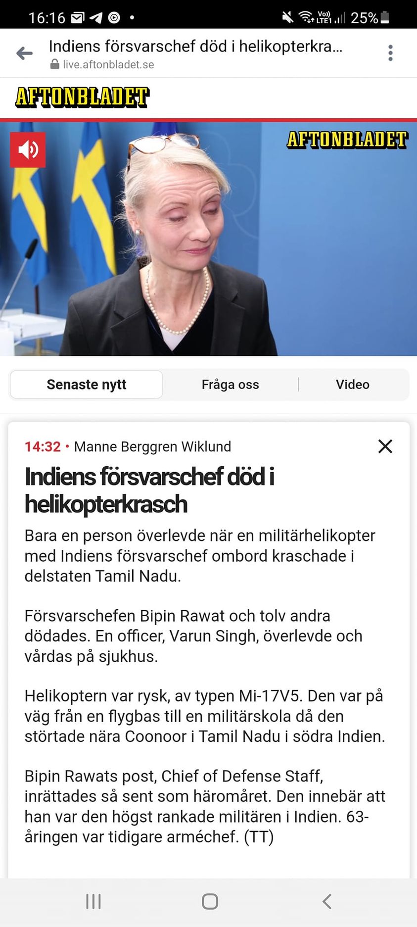 Indisk General Död I Helikopterolycka