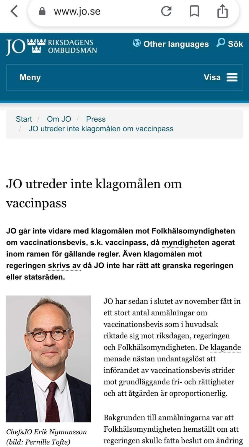 JO Utreder Inte Vaxxpassklagomål