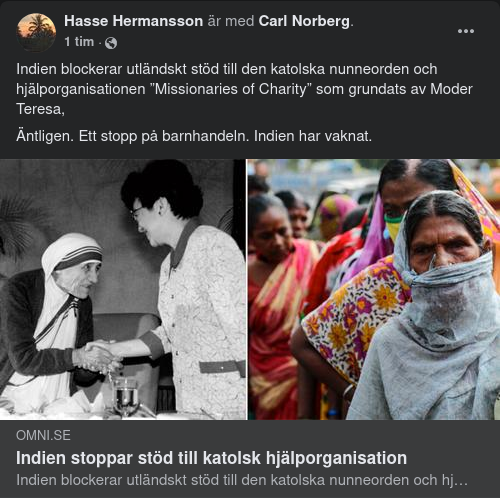 Indien Stoppar Utländskt Stöd Till Moder Teresa Grundad Hjälporganisation