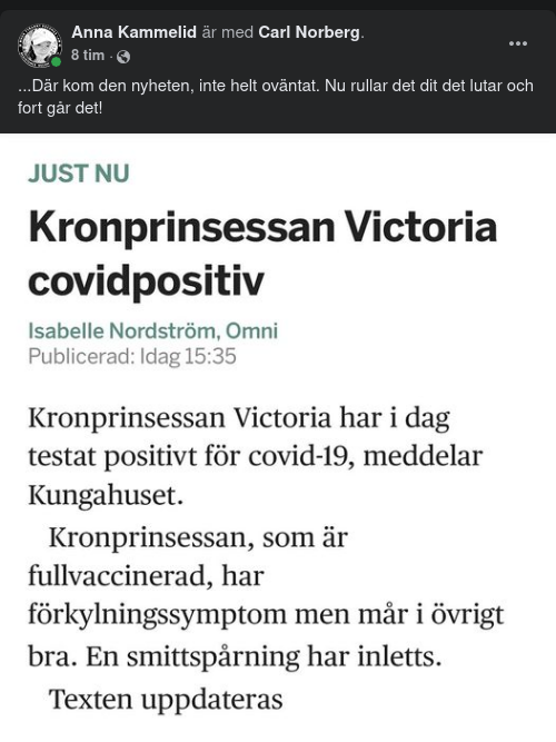 Covidpositiv Kronprinsessa