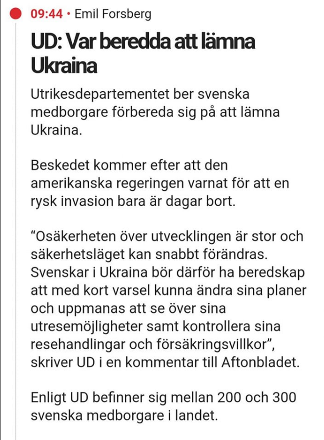 UD Ber Svenskar Lämna Ukraina