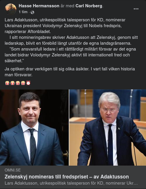 Adaktusson Fredsprisnominerar Zelensky