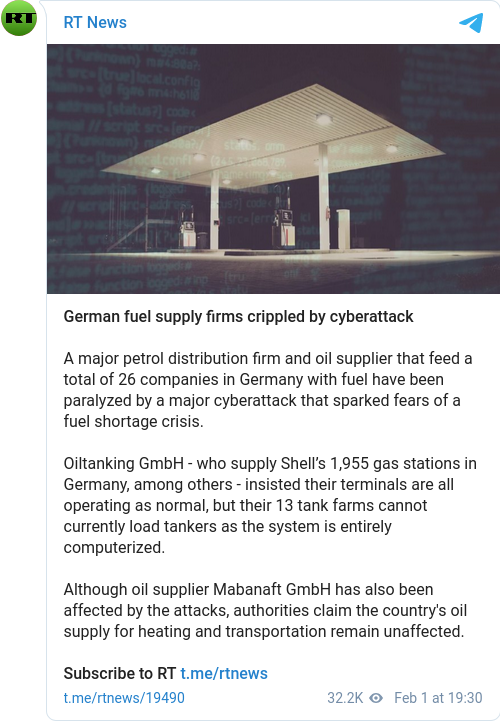 Cyberattackerad Tysk Bränsleleverantör