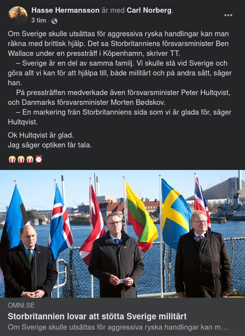 Brittisk Hjälplöfte Glädjer Försvarsministern