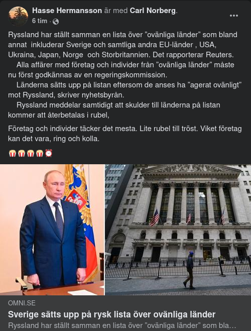 Ryssland Listar Ovänliga Länder