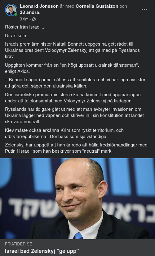 Israel Råder Zelensky Att Acceptera Rysslands Krav