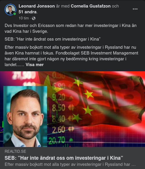 SEB Fortsatt Kinainvesterande