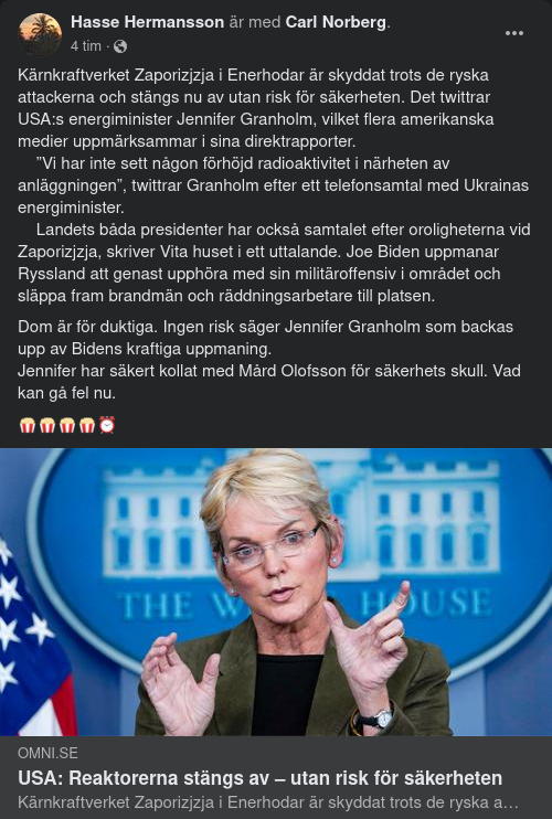 Säker Reaktoravstängning I Ukraina Twittrar Granholm