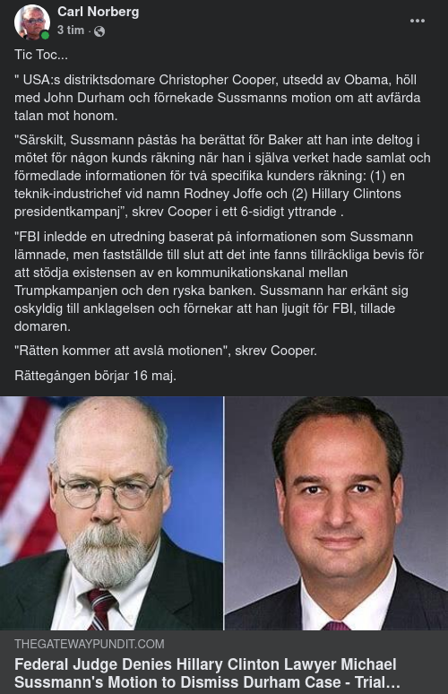 Avslag För Sussmann - Rättegångsstart 16 Maj