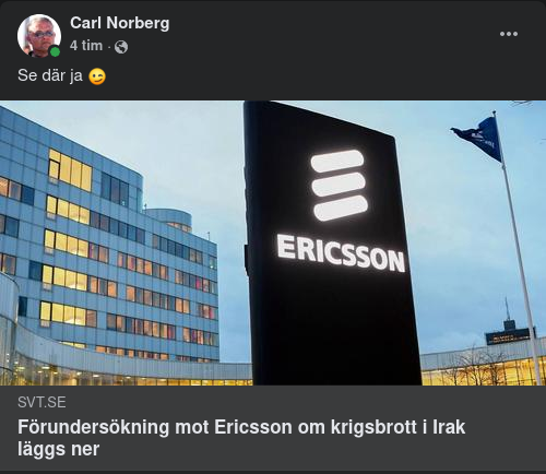 Nerlagd Krigsbrottsförundersökning För Ericsson I Irak