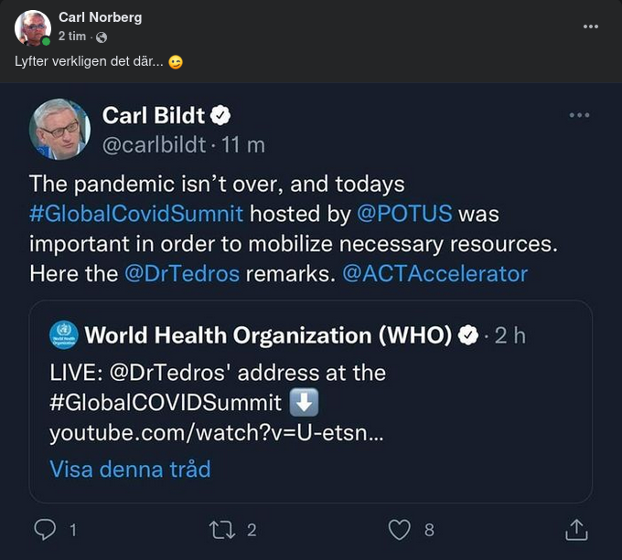 Bildt Uppmärksammar Pandemin