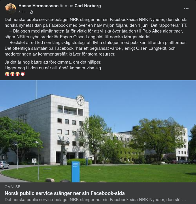 NRK Stänger Sin FB-Sida