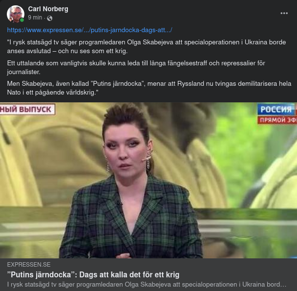 Putins Järndocka Deklarerar Pågående Världskrig