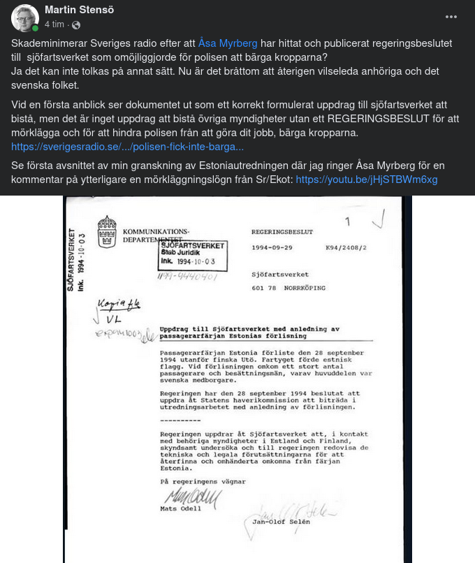 Mörkläggande Regeringsbeslut Om Estonia