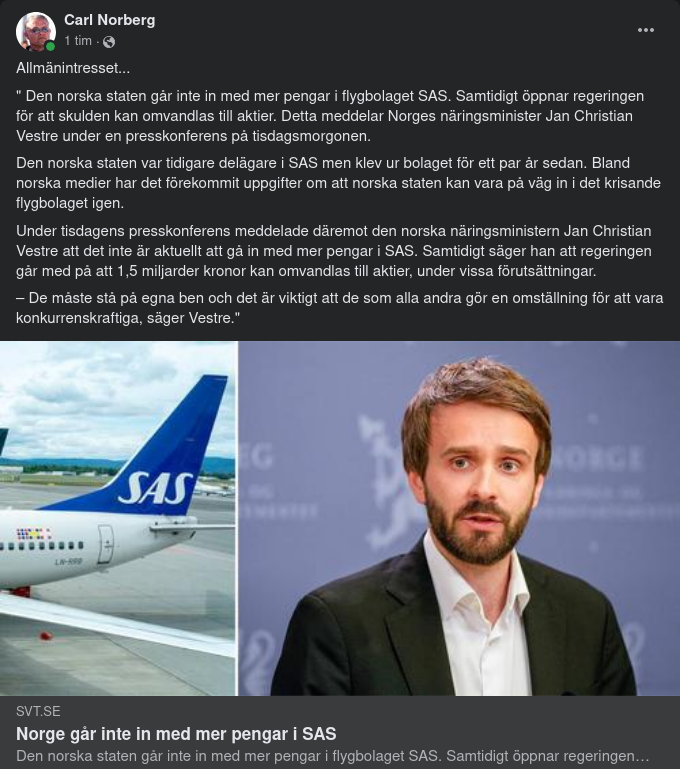 Inga Norska Pengar Till SAS