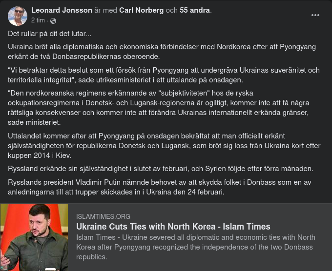 Ukraina Bryter Med Nordkorea Efter Utbrytarregionserkännanden