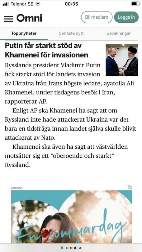 Irans Khamenei Stöder Putins Militära Insats I Ukraina