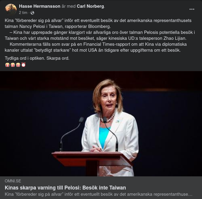 Kina Vill Inte Ha Pelosi Till Taiwan