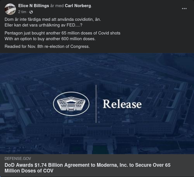 DoD Köper Kvacksin Av Moderna Med Option