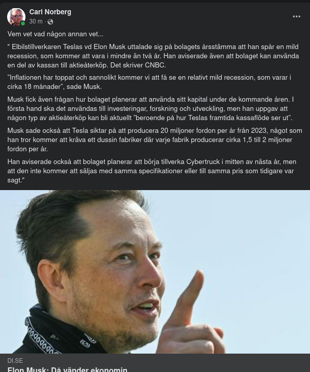Musk Förutspår Mild Recession I Cirka 18 Månader