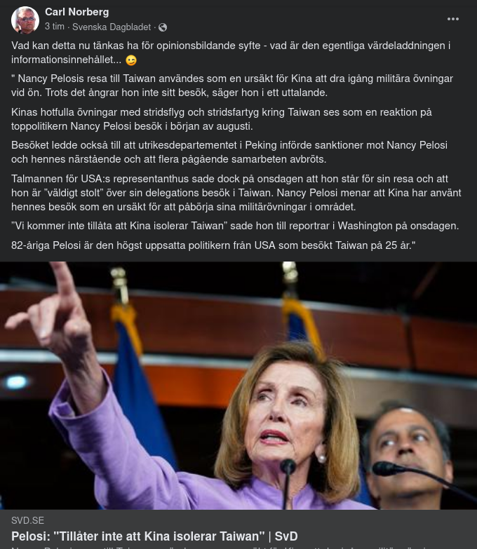 SvD Opinionsbildar Med Pelosis Taiwanresa