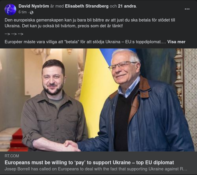 Borell Säger Att Européer Måste Vara Villiga Att Betala För Stöd Till Ukraina