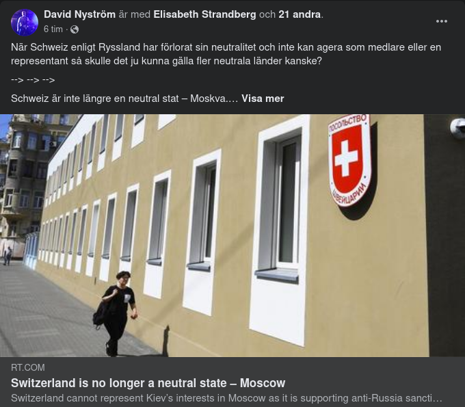 Moskva: Schweiz Ej Längre Neutralt