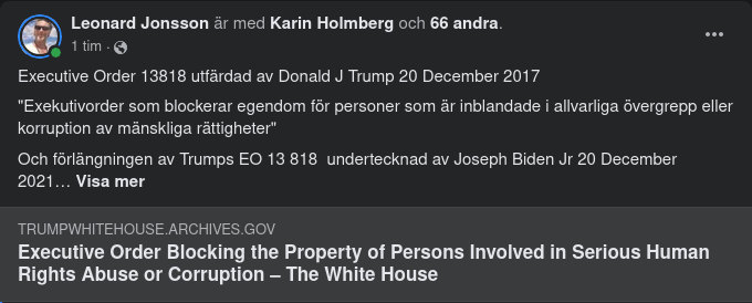 Exekutiv Order 13818 - Som Blockerar Egendom För Personer Som Är Inblandade I Allvarliga Övergrepp Eller Korruption Av Mänskliga Rättigheter