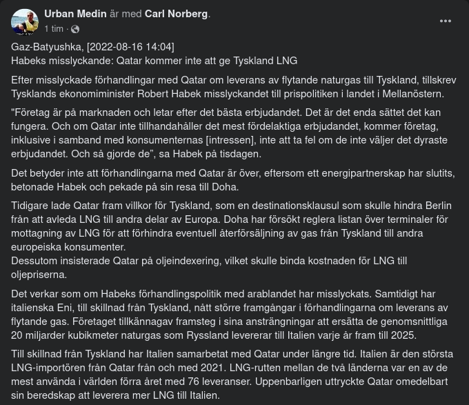 Gas Från Qatar Till Italien Men Inte Tyskland