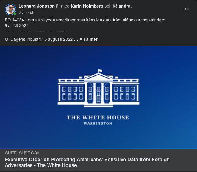 Exekutiv Order 14034 - Om Att Skydda Amerikanernas Känsliga Data Från Utländska Motståndare 9 JUNI 2021