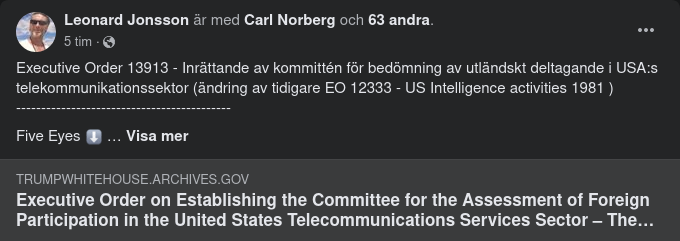 Exekutiv Order 13913 Om Inrättande Av Kommittén För Bedömning Av Utländskt Deltagande I USA:s Telekommunikationssektor