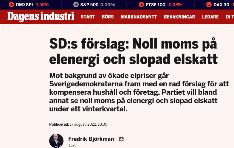 SD Föreslår Noll Moms På Elenergi & Slopad Elskatt