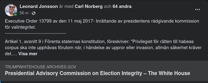 Exekutiv Order 13799 Av Den 11 maj 2017 -  Inrättande Av Presidentens Rådgivande Kommission För Valintegritet
