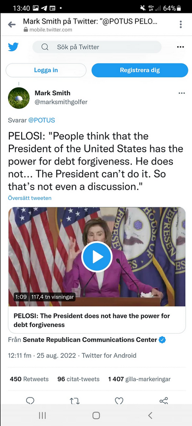 Pelosi Om Presidentens Skuldförlåtelsemakt