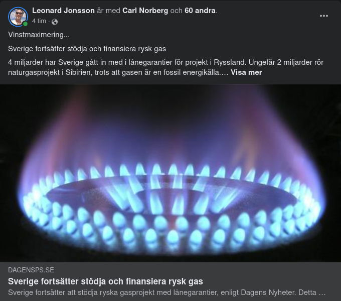 Svenskt Fortsatt Stöd & Finansiering Av Rysk Gas