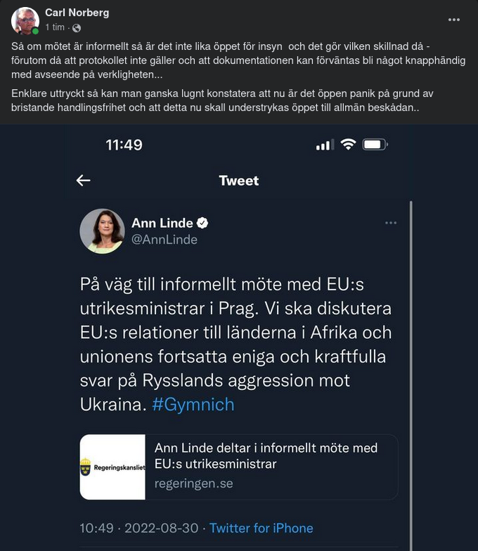 Linde På Informellt Möte Med EU:s Övriga Utrikesministrar