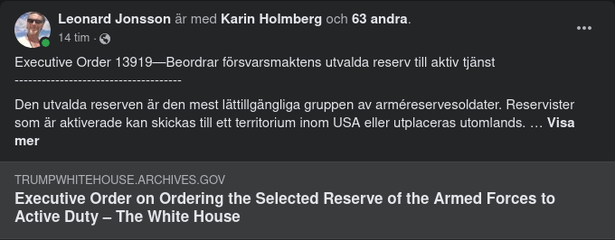 Executive Order 13919 - Beordrar Försvarsmaktens Utvalda Reserv Till Aktiv Tjänst